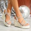 10.4CM Heel 3.5CM Platform Rhinestone Strappy Espadrille Wedge Sandals Women's Ankle Strap Heels for Ladies Summer Beach Shoes