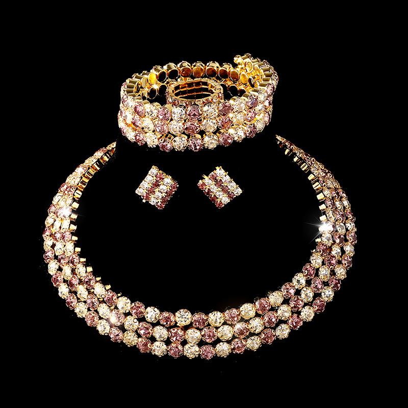 Diamond Necklace Earrings Ring Bracelet Four-Piece Set, Bridal Rhinestone Jewelry Set Ornament