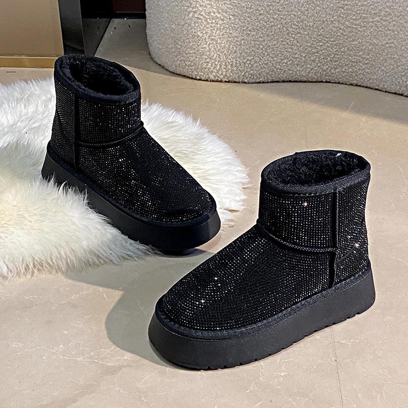 Fashion Women's New Winter Thick Soled Snow Boots Round Head Suede Rhinestone Anti-slip Wear-resistant Short Boots