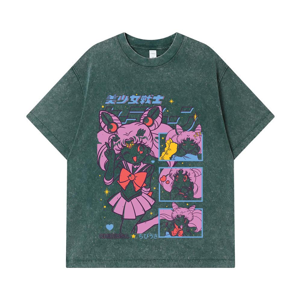 275 GSM Washed T-shirts 100% Cotton Chibiusa Print Unisex Heavy Cotton T Shirt