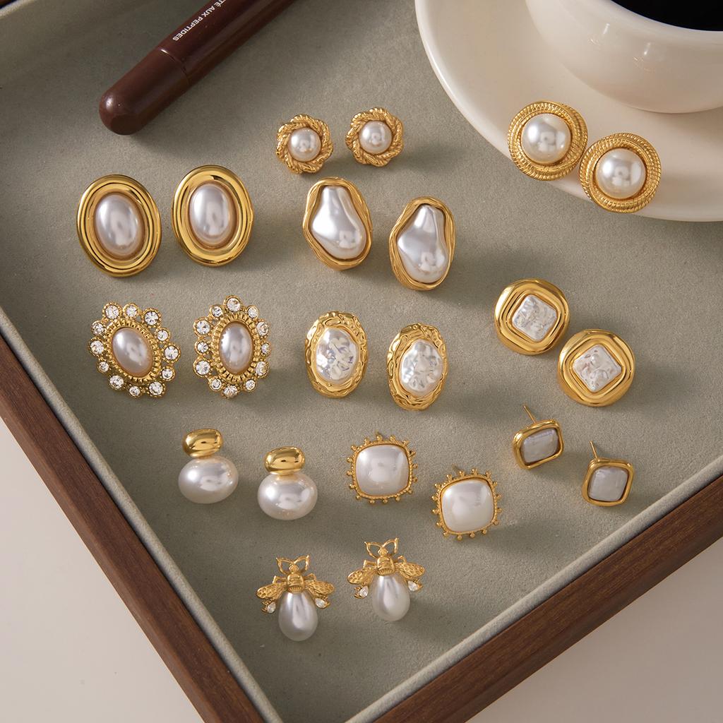 Exquisite Elegant Irregular Resin Pearls Ear Studs 18K PVD Stainless Steel Gold Color Fine Textured Smooth Earrings For W