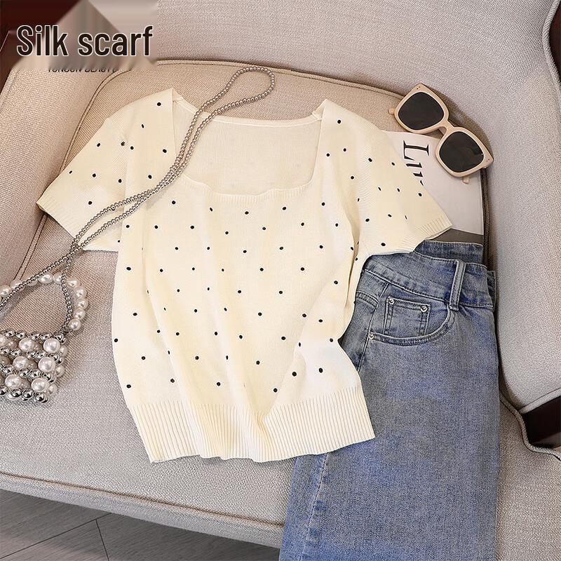 Women s Sweet Polka Dot Square Neck Knit Top One Size