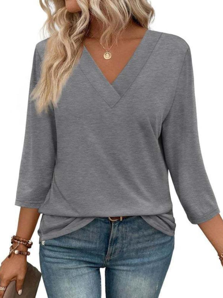 Dámský top s V-výstřihem a 7/8 rukávem, ležérní dámské pletené tričko se zavazováním v pase