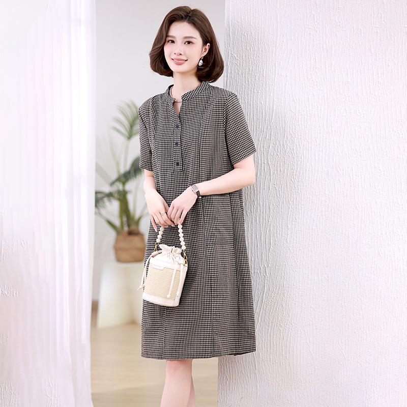 

Летнее платье в клетку для женщин больших размеров - Свободное, стройнящее, юбка прямого кроя для повседневной носки и для женщин среднего возраста L (115-130 jin)