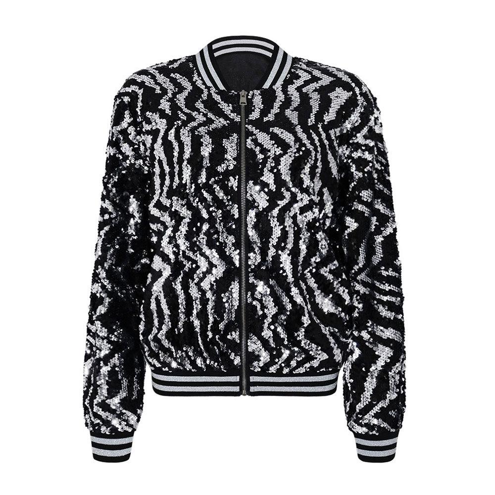 Jarní podzimní dámská bunda Baseballový dres s dlouhým rukávem stříbrné flitry