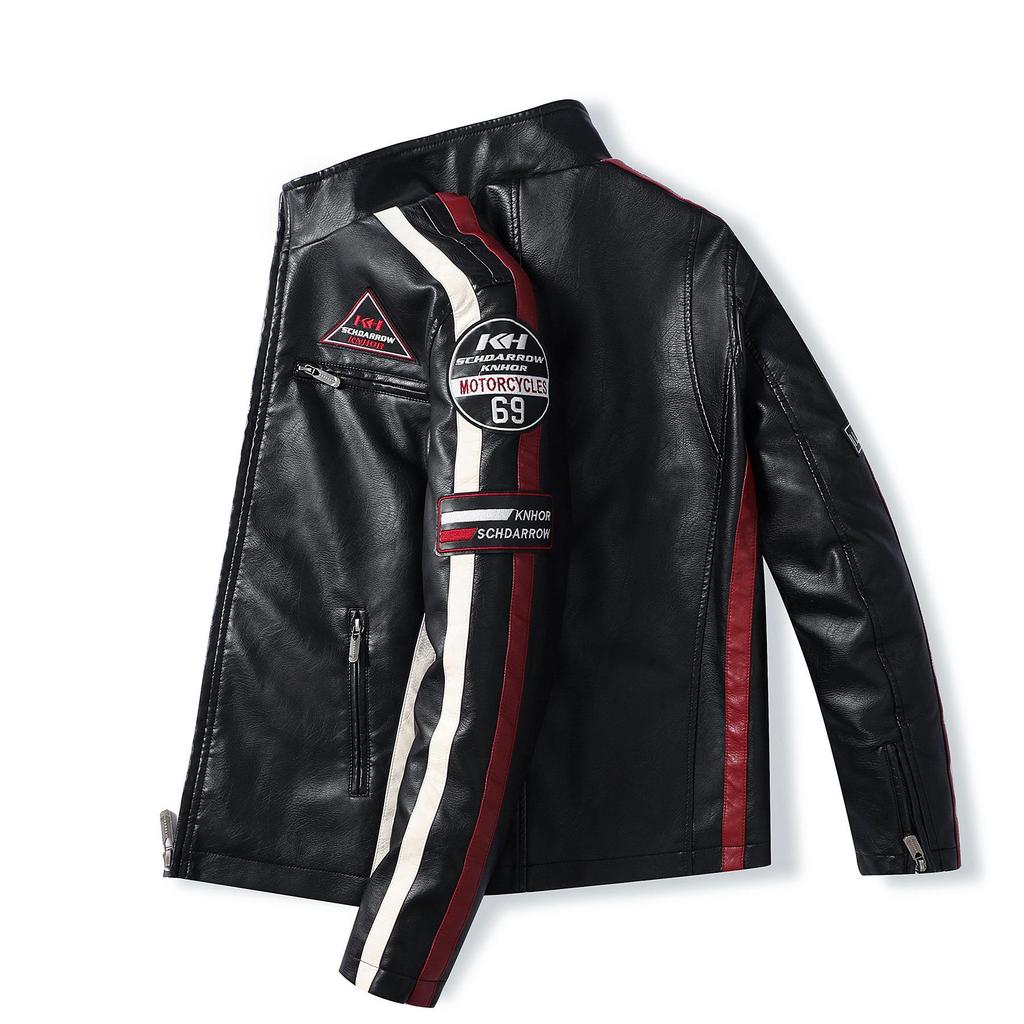 Men's Color Block PU Leather Jacket with Fleece Lining, Motorcycle Racing Style