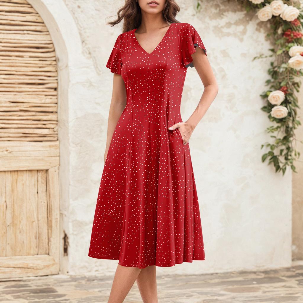 Women's Summer Fashion V-Neck Ruffle Sleeve Retro Elegant Midi Dress