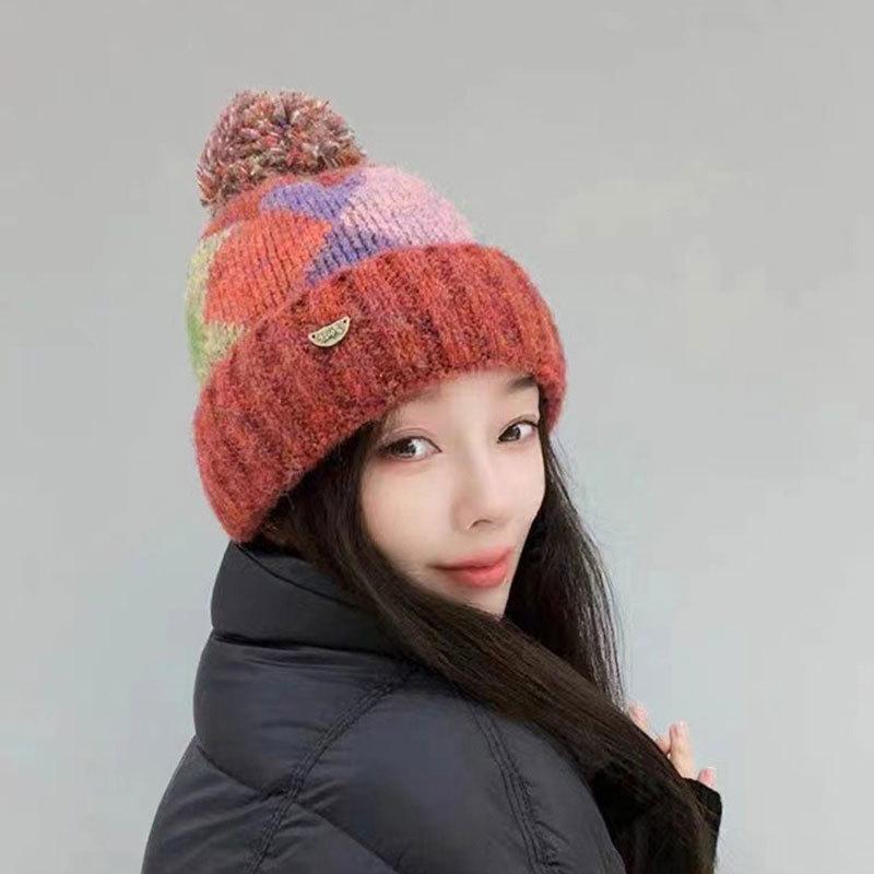 Wool Hat Women's Fashion Retro Versatile Color Rhombus Knitted Hat Autumn and Winter New Cold and Warm Hairball Hat