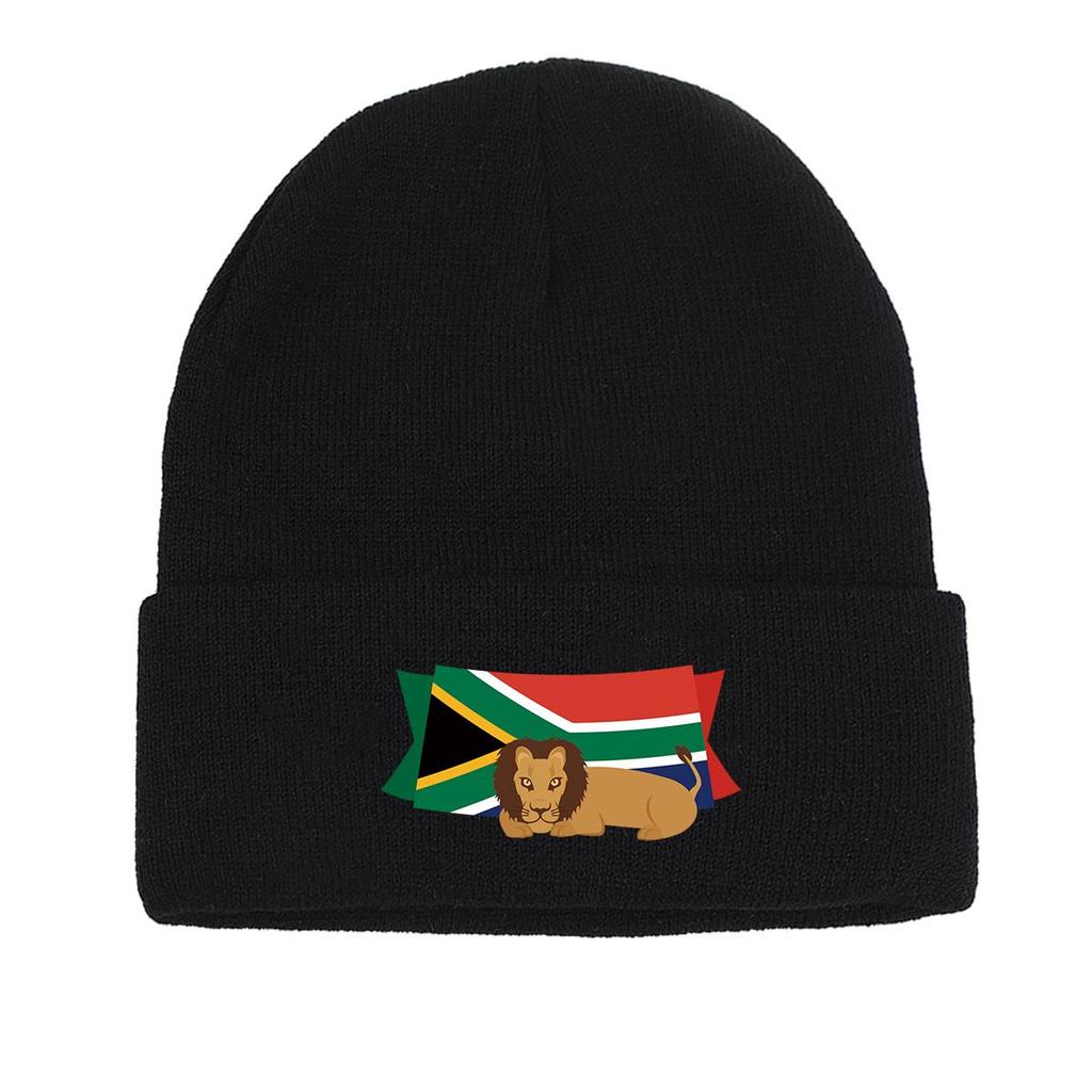 South Africa Flag Lion Warm Knit Cap Beanie, Patriotic Woman Cap Warm Thermal Solid Bonnet Knit Hat Beanie