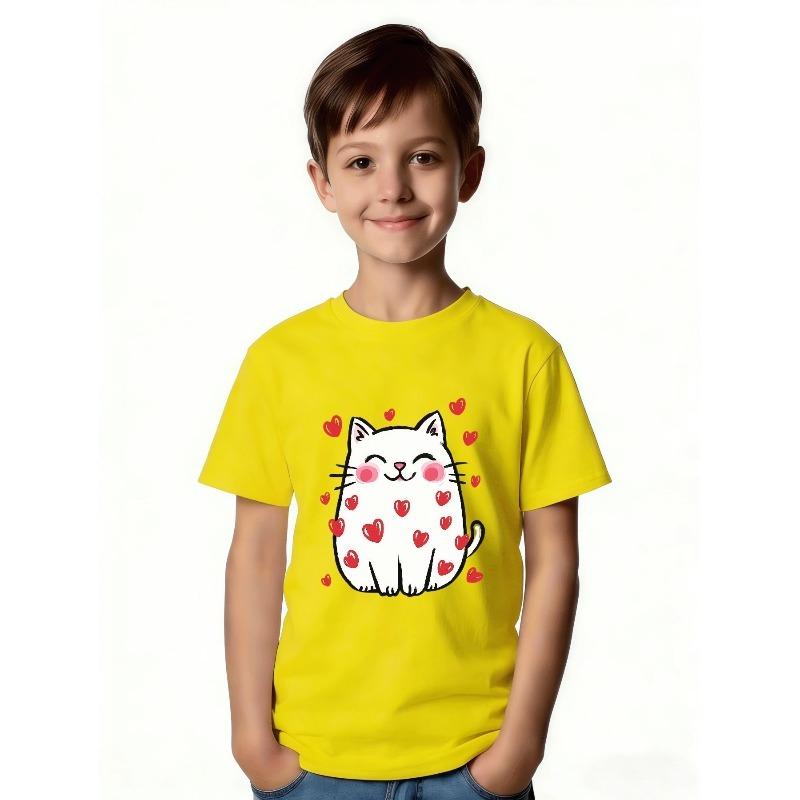 European sizes Cute Round White Kitten T-Shirt for Girls and Boys, Joyful Cartoon Design, Heart Hugging Pattern, Casual Crew Neck, Short Sleeve