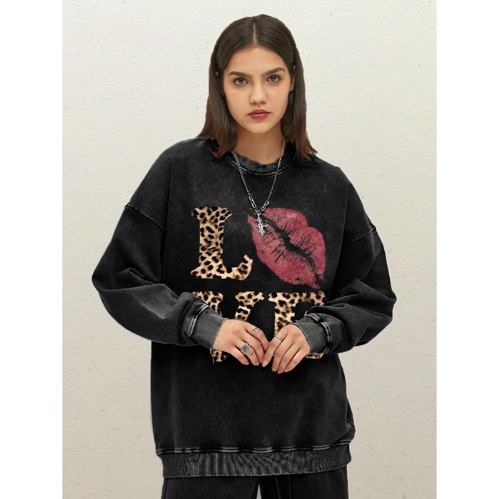 Red Lipped Leopard Print Love Printed Pullover Women Cotton Loose Washed Sweatshirt Fashion O-Neck Streetwear Clothes