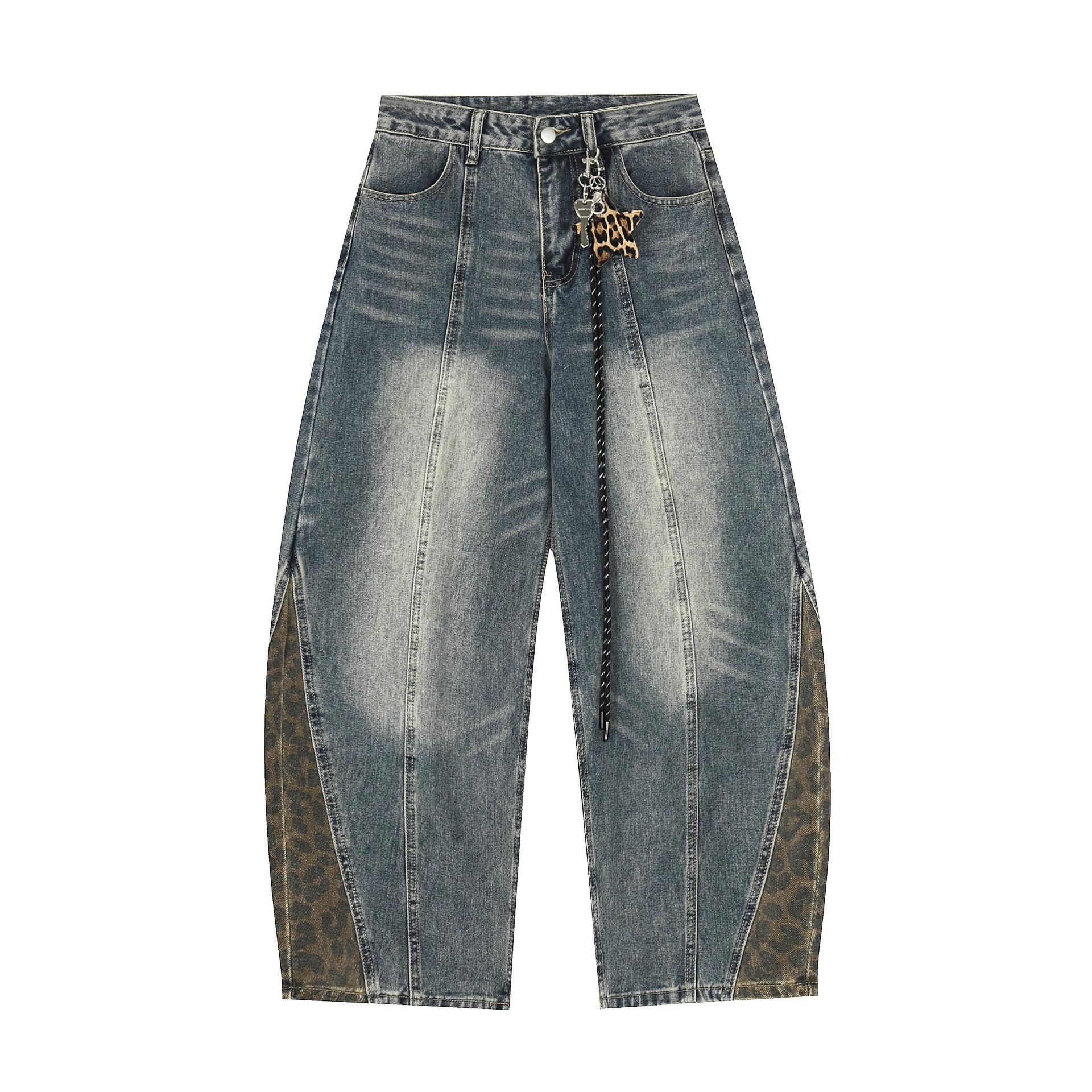 Trendy brand autumn American retro leopard print scimitar jeans men s loose wide-leg trousers S синий