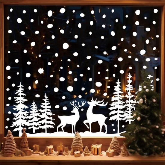 8 Stück Weihnachtsfensteraufkleber Abnehmbar Wasserdicht PVC Schneebedeckter Wald Baum Rentier Statischer Glasaufkleber Winterurlaub Party Dekoration Aufkleber