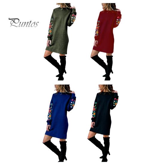 Frühlingskleid, Minikleid mit Blumenstickerei, langärmelig, Rundhalsausschnitt, lockeres Sweatshirtkleid für Verabredungen, Pendeln, Reisen