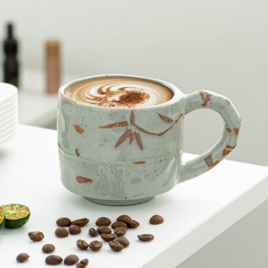 Ceramic Coffee Cup Handmade Rose Bamboo Leaf Embossed Pattern Mug 290ml Rustic Textured Mug Microwave Oven Safe Stackable Gift for Coffee Lovers