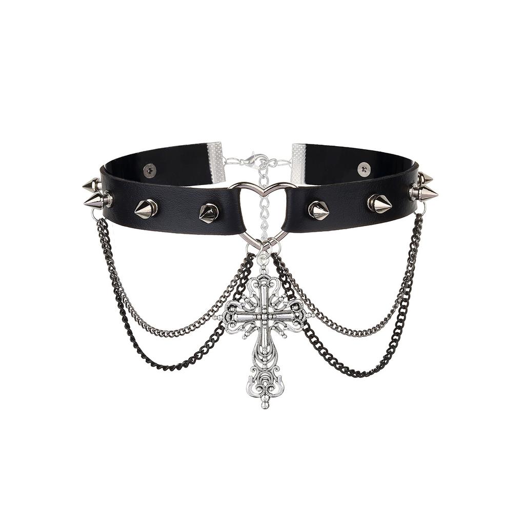 Punk style cross choker collar exaggerated personality tassel PU necklace sweet cool babes accessories