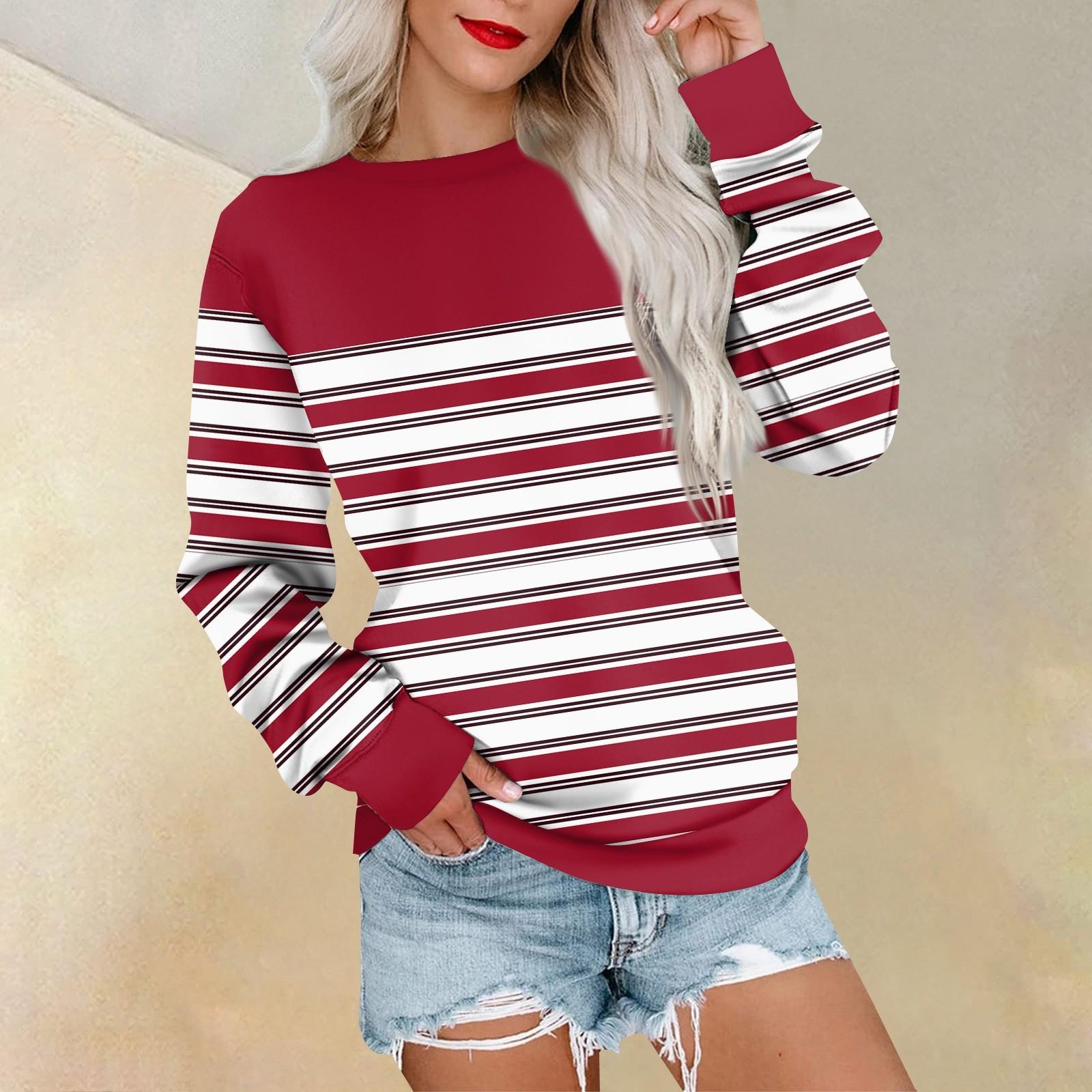 

Свитшот с длинным рукавом для женщин с полосатым принтом, футболки, блузки, повседневные, больших размеров, базовые топы, пуловеры XL винный