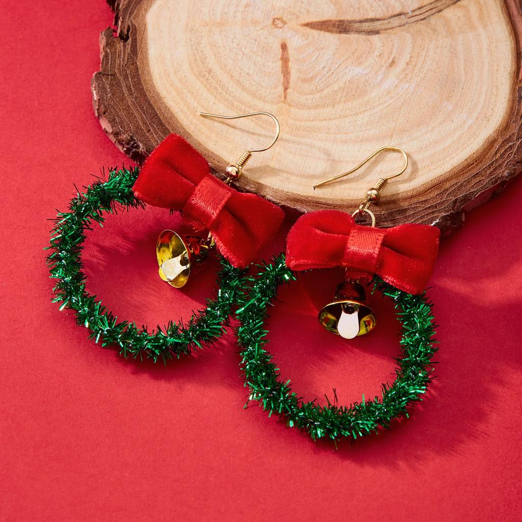 Creative Green Color Xmas Garland Bow Bell Pendant Earrings for Women Fashion Christmas Tree Earrings New Year Ear Jewelry Gift