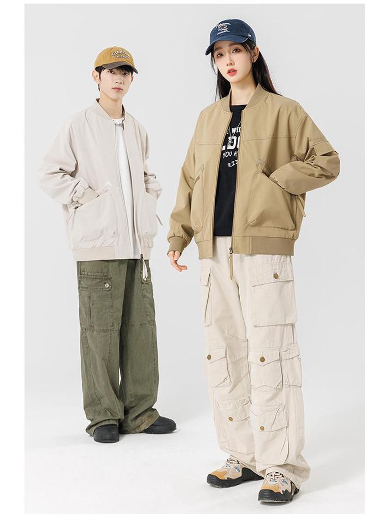 2025 Japanese Trendy Men's Retro Loose Stand Collar Bomber Jacket - Spring Casual Drop Shoulder Workwear Style.
