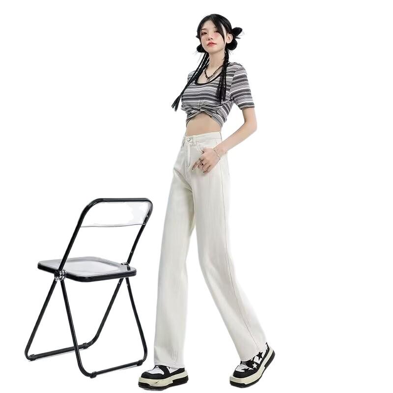 Women's Black & White Plus Velvet Jeans - Thickened, Warm, Straight, and Loose Fit for Autumn & Winter.