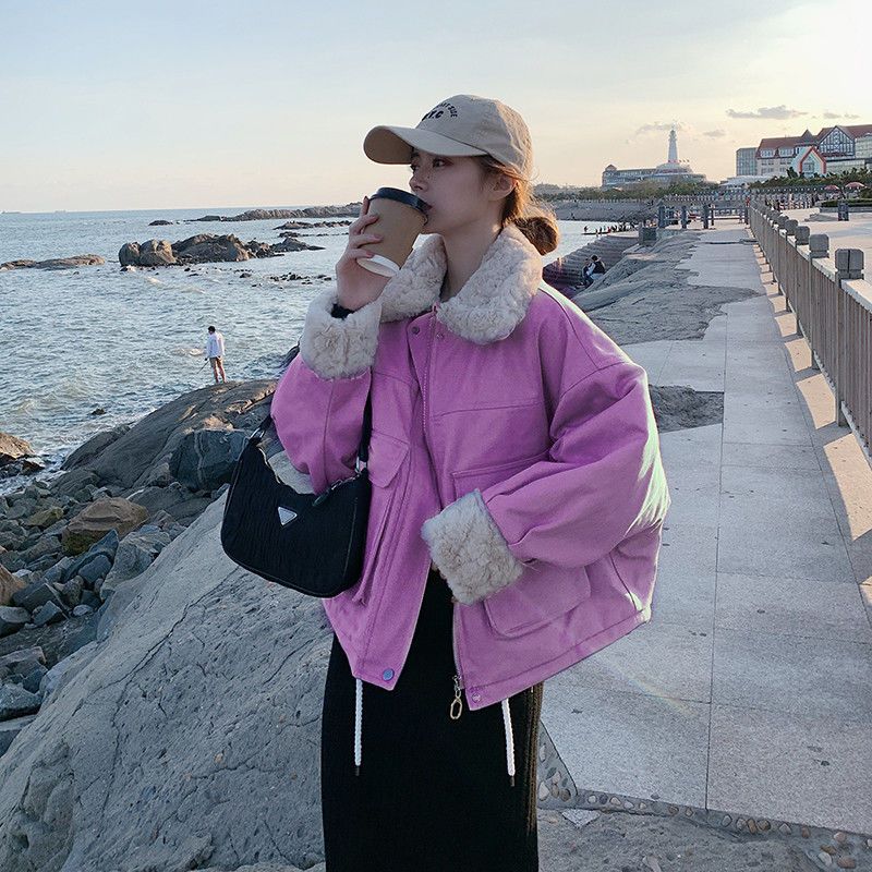 Women's Winter Cotton Coat Youthful Parka Korean Style Thickened Short Lamb Wool Lined Padded Jacket