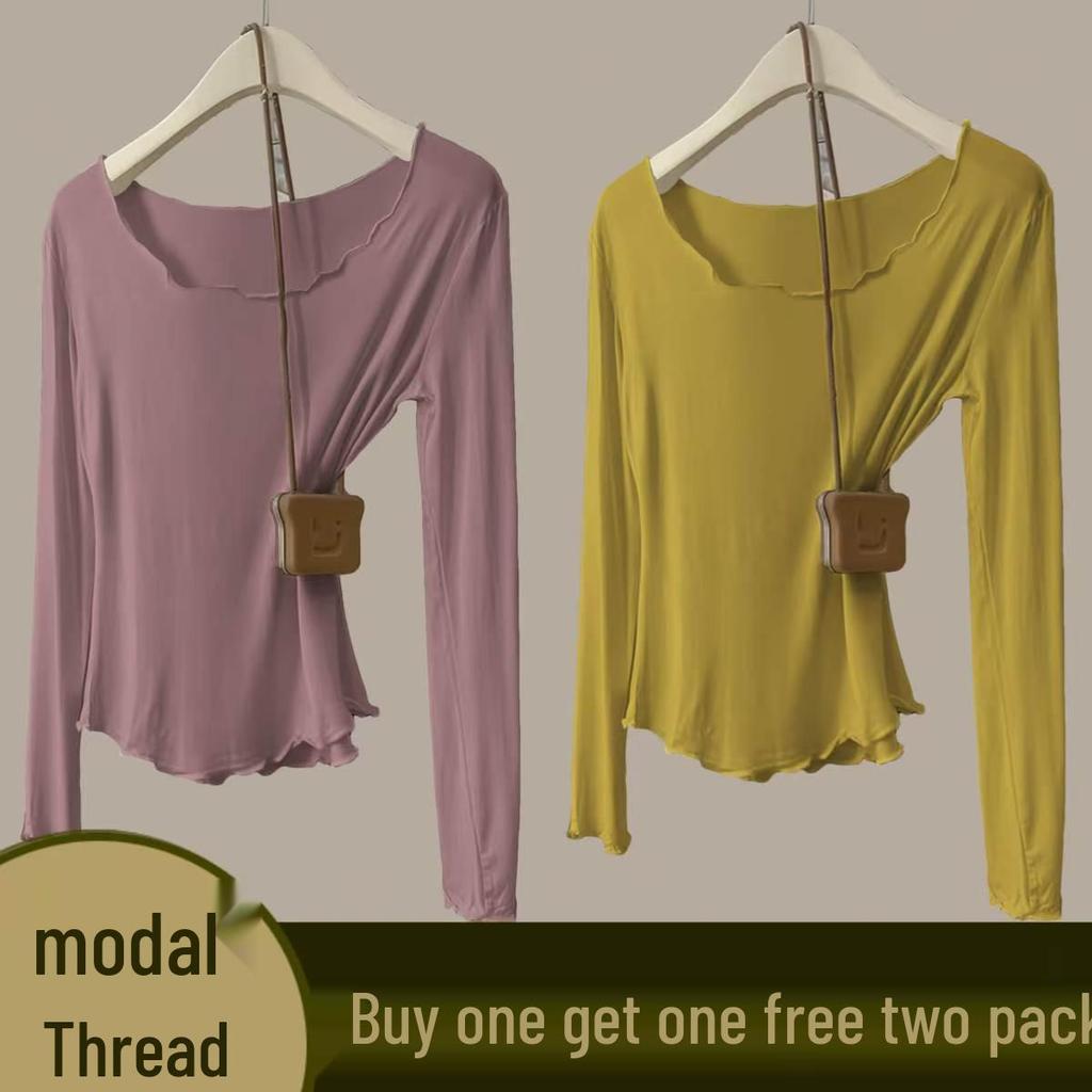 Women's Autumn Modal Ribbed Top: Round Neck, Long Sleeve, Rolled Hem, Base Layer T-Shirt