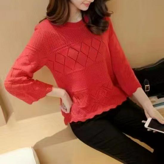 

Кардиган с рукавами-фонариками средней длины в корейском стиле - Универсальный тонкий вязаный свитер с круглым вырезом и ажурной вязкой для женщин (Весна лето) L (for 55-65 kg) красный