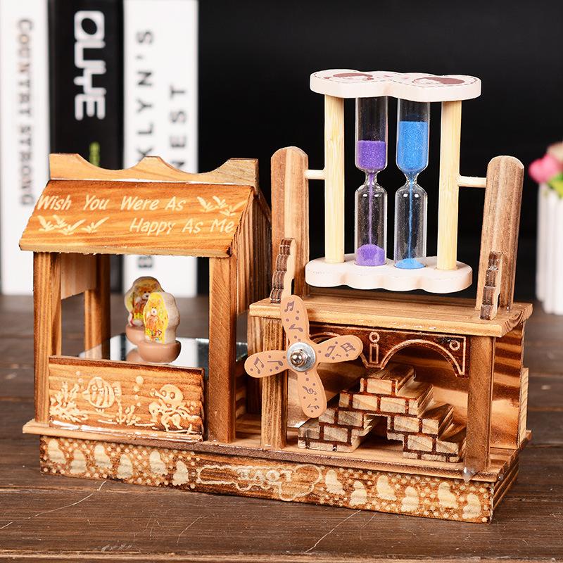 

Cabin Windmill Sailboat Rotating Music Box Creative Wooden Pen Holder Student Birthday Gift