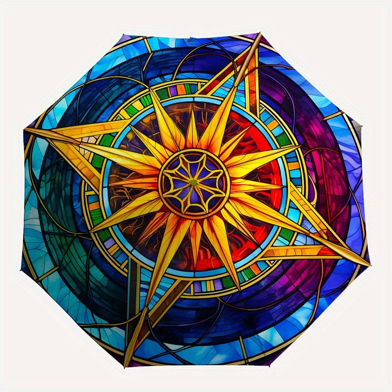 Stained Compass Rose Window ArtUmbrella, Portable 3-Fold Compact Umbrella for Men & Women Gift