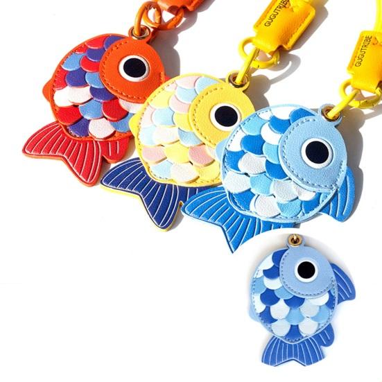 Yousheng Keychain Pendant Little Fish Faux Leather Card Holder with Lanyard Colorful Fish Scale Shaped Double-Purpose School Bag Key Pendant
