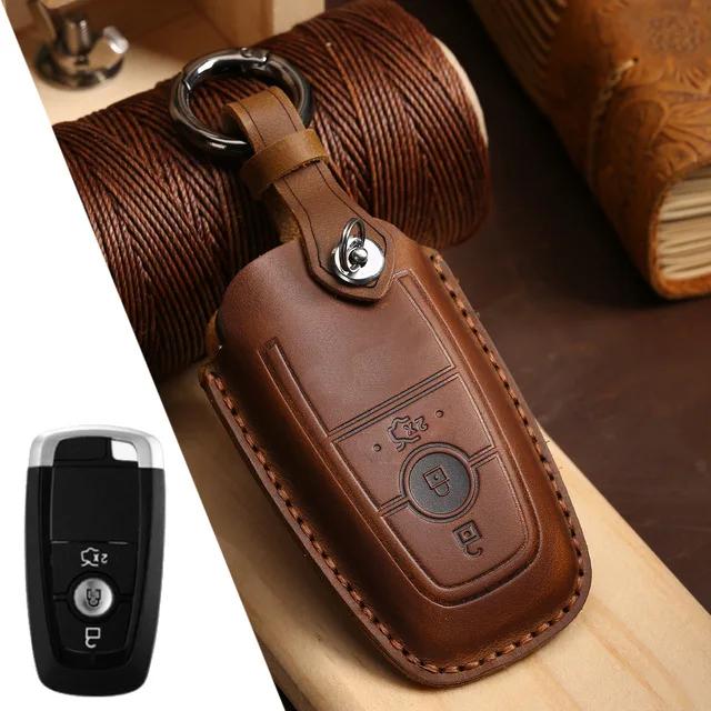 

Leather Car Key Case Cover Keychain Holder Fob Protector For Ford Mondeo Lincoln Aviator Navigator F150 Raptor Focus Keyring Bag