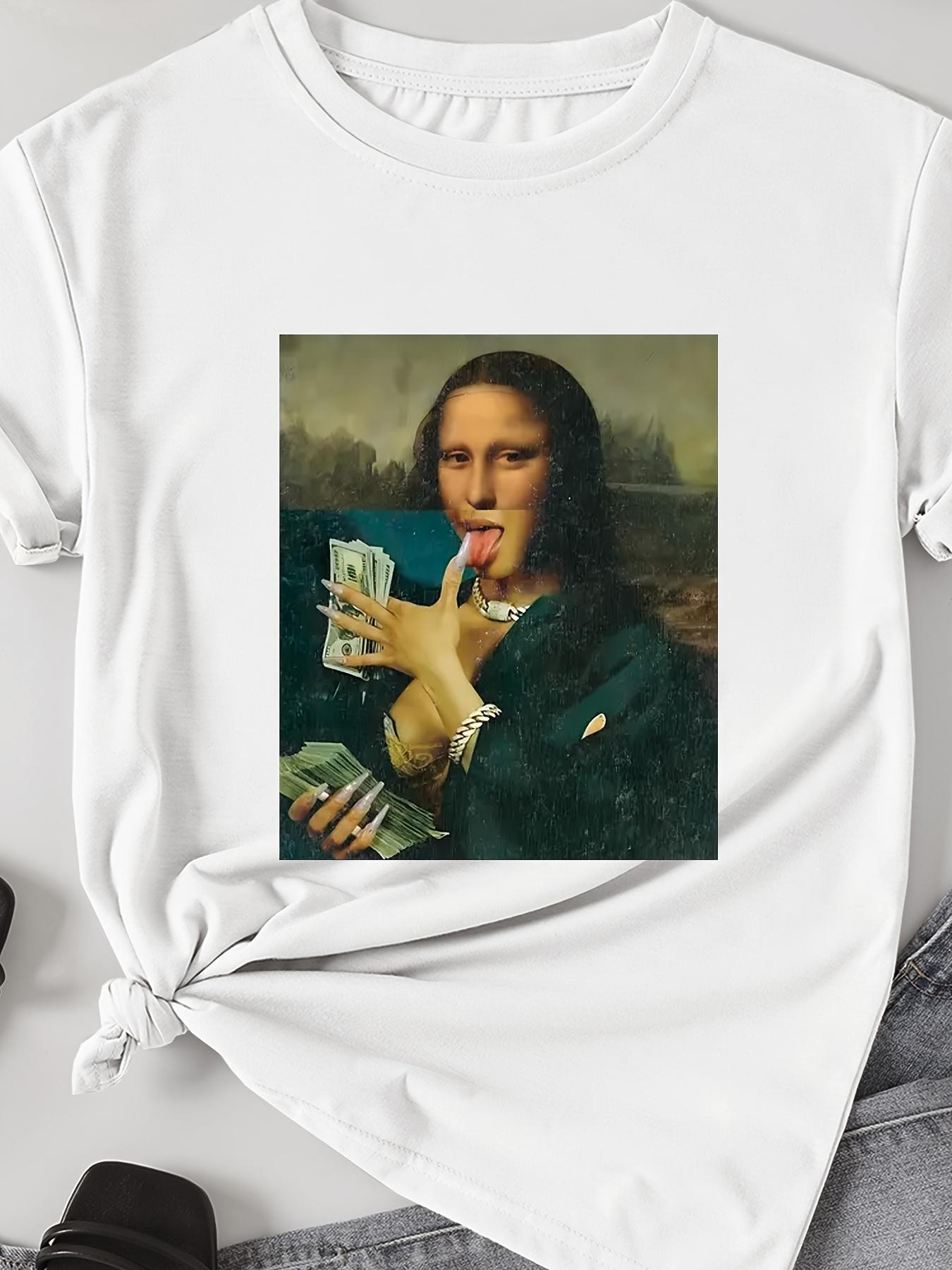 

Unisex and Women Black Humorous Mona Lisa Money Bills Graphic TShirt Casual Short Sleeve Tee with Abstract Art Design 4XL