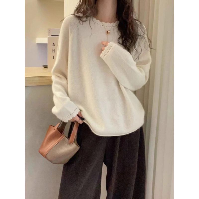 

Women s Cashmere Round Neck Lace Trim Sweater - Autumn/Winter, Versatile Slim Fit Knitwear Top One Size белый