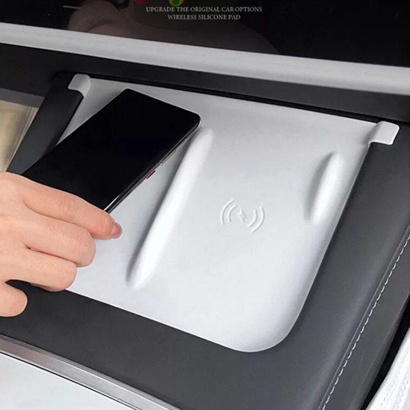 Car Center Console Wireless Charging Silicone Pad Mat Cover Fit for Tesla Model Y 3 2024    White