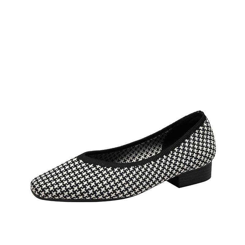 New Mid-heel Flying-woven Women's Shoes Woven Breathable Fashion Light-mouth Soft-soled Women's Single Shoes