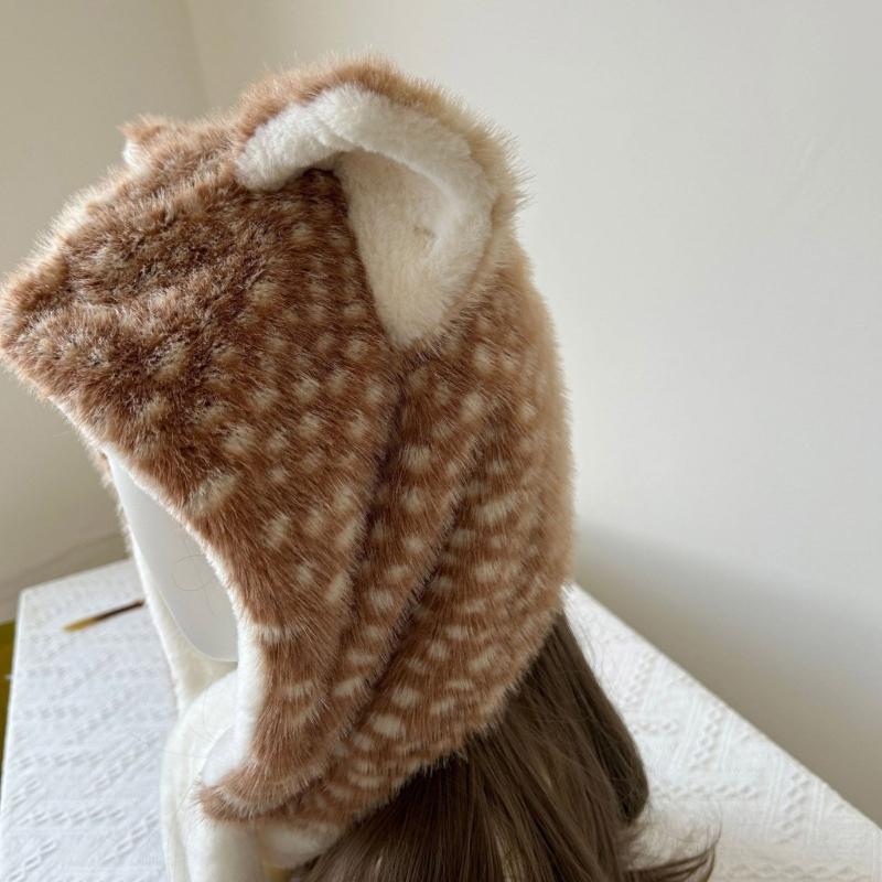 Furry Neck Scarf Hat with Animal Ear Winter Outdoor Sport Shawl Hat Anime Costume Earmuff Hat for Skiing Cold Weather