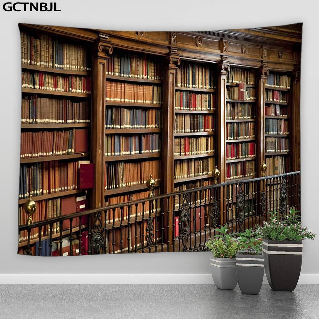 VIKAMA Retro Library Bookshelf Tapestry Modern Minimalist Study Background Cloth Literary Retro Style Living Room Decoration