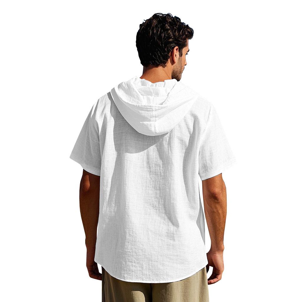 Summer Men's Lightweight Breathable Linen Loose-Fit Hooded Short-Sleeved Shirt