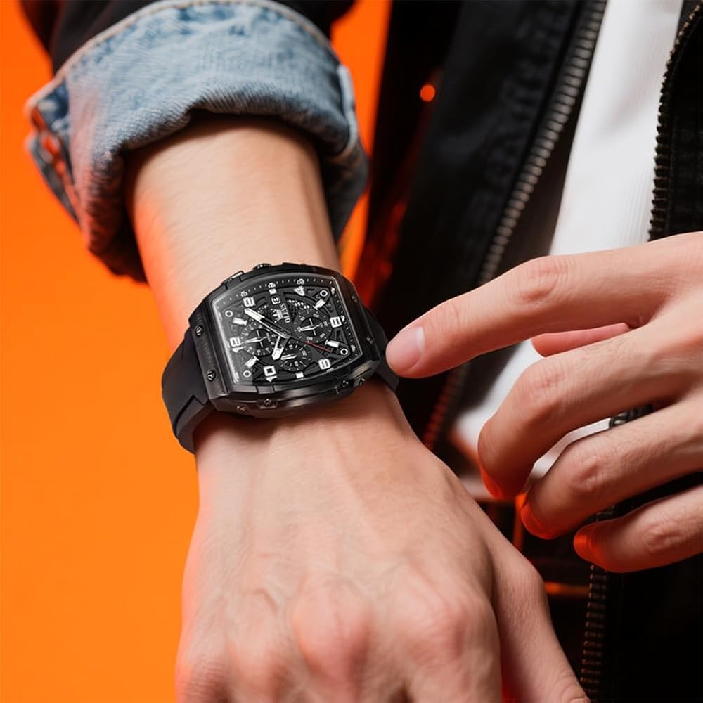 OLEVS Men's Chronograph Waterproof Multifunctional Quartz Watch with Calendar and Silicone Strap Black
