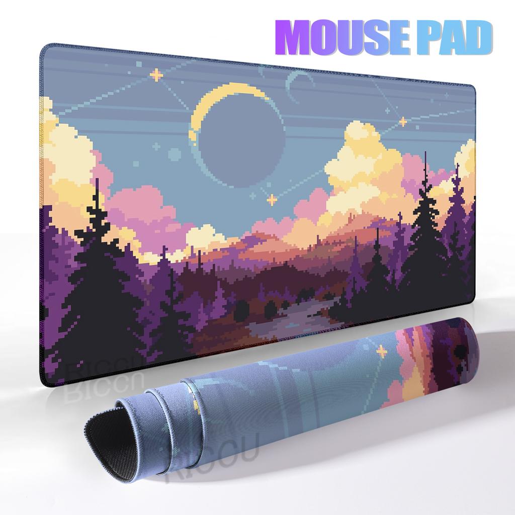 Pixel Art Cloudy Sky Mousepad Cute Mouse Pad Kawaii XXL E-Sports Desk Pad Extended Gaming Keyboard Mat Large Pink purple DeskMat