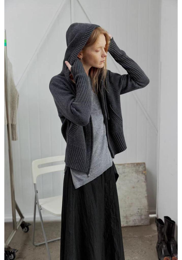 Women's Hooded Double Zipper Wool Cardigan - Thick, Long Sleeve, Pocketed Sweater Coat