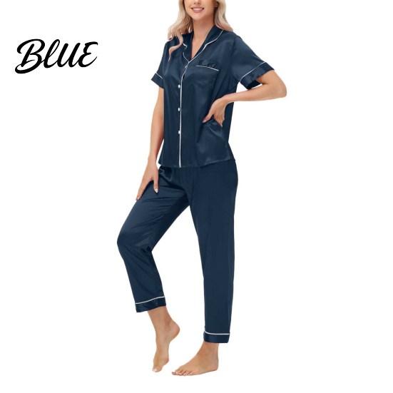 Front Button V-neck Pajamas 2 Pcs/Set Suit Satin Single-breasted Ice Silk Plus Size Cardigan Shirt V Elastic Band Pajama Bottoms Neck Notch