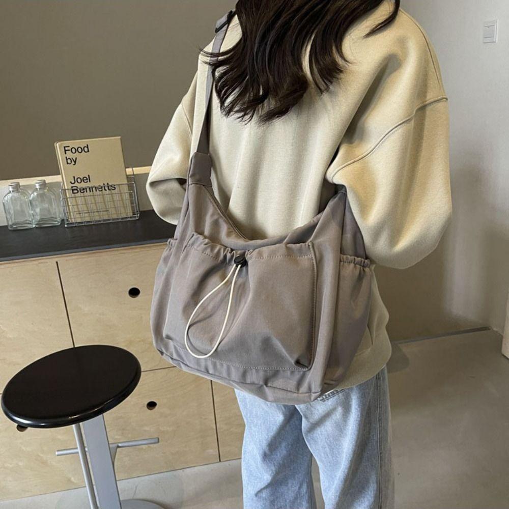Solid Color Nylon Crossbody Bag Lightweight Pleated Shoulder Bag Drawstring Tote Bag  School