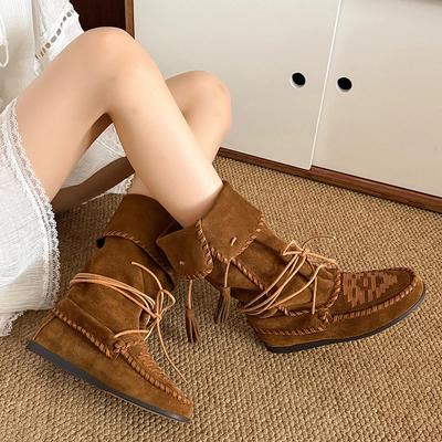 Retro Gewebte Quasten Schnür-Cowboystiefel Frau Umgeschlagener Rand Wildleder Mid-Calf Stiefel Damen Innenhöhe Westernstiefel
