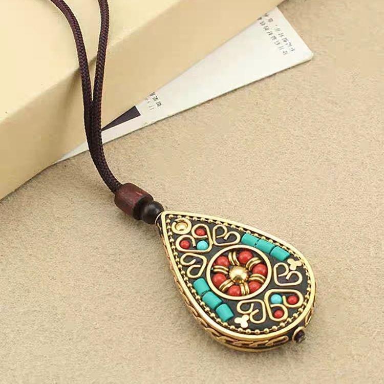 Elegant Ethnic Tibetan Water Drop Pendant Necklace for Women - Versatile, High-End, Long Sweater Chain