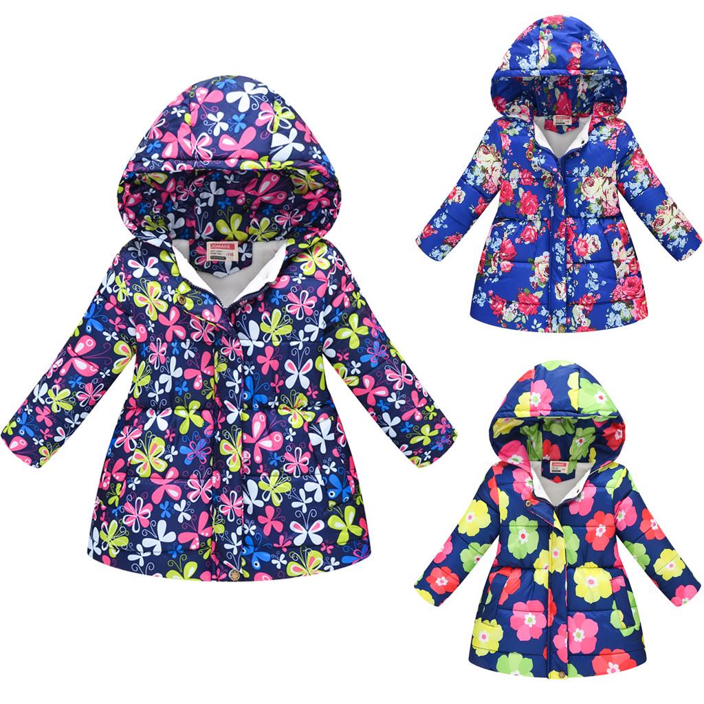 Toddler Kids Baby Girls Boys Floral Hooded Winter Warm Hooded Windproof Coat