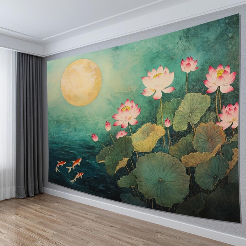 1pc Serene Moonlit Lotus Koi Fish Tapestry Vibrant Wall Hanging for Living Room Bedroom or Party Decor Polyester No Elec