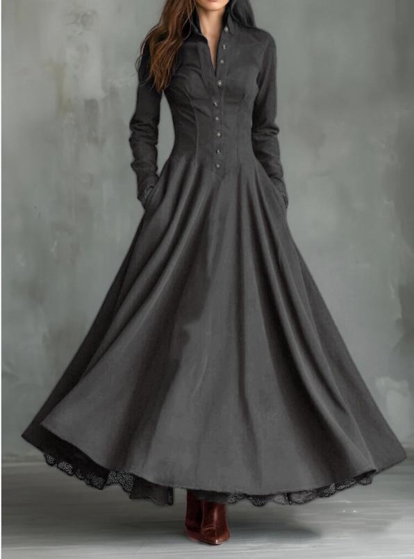 French Retro Faux Suede Lace Trim Patchwork Long Dress (2025 Edition)