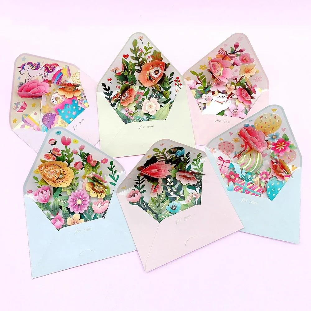 Romantic Flower Birthday Christmas Card 3D Pop-up Paper Flowers Postcard with Envelope Valentines