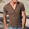 V-Neck Short Sleeve Buttons Half Placket Thin Men T-shirt Summer Solid Color Slim Fit Sport Top Streetwear